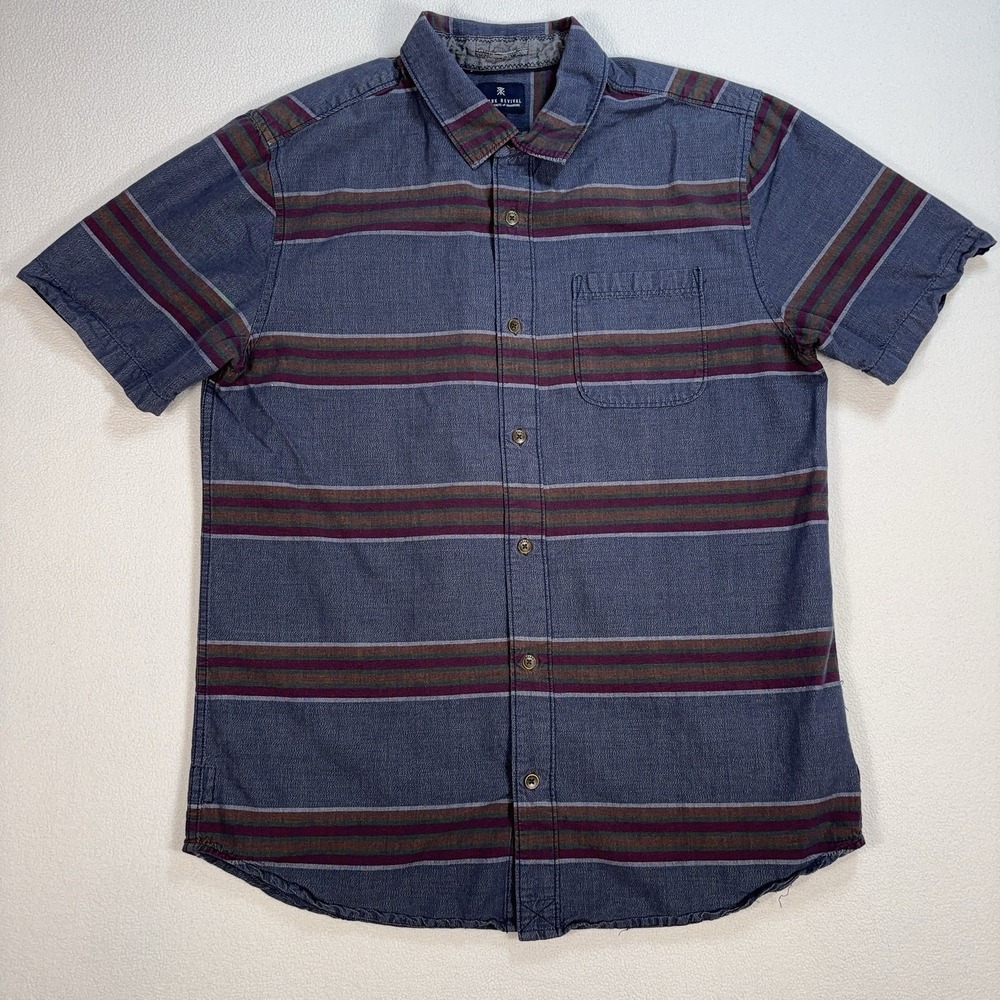 Roark Revival Shirt Mens L Navy Gray Stripe Pocket Cotton Button Up Outdoor Camp